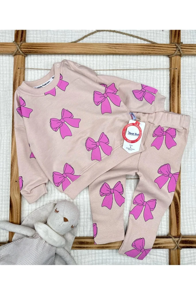 Fiyonk Baskı Detaylı Pamuklu Kız Bebek Giyim - BEJ