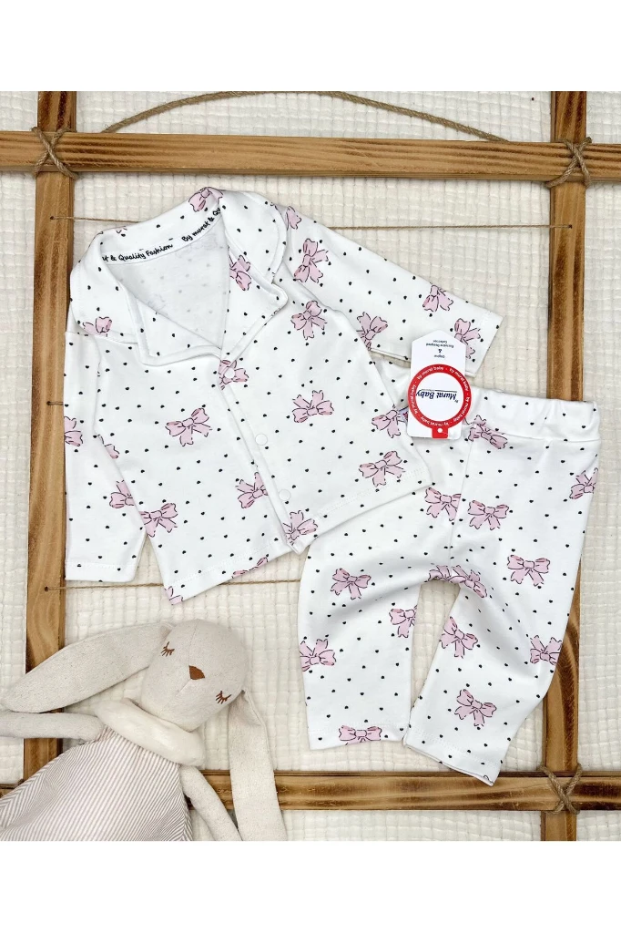 Fiyonk Kalp Baskılı Bebek Pijama Takımı - GÜL KURUSU