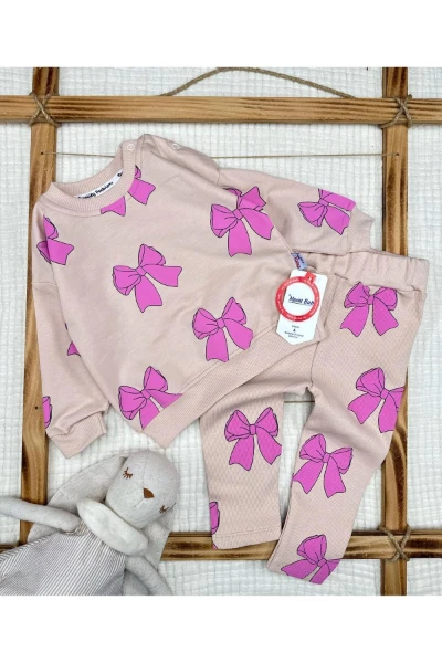 Fiyonk Baskı Detaylı Pamuklu Kız Bebek Giyim - BEJ