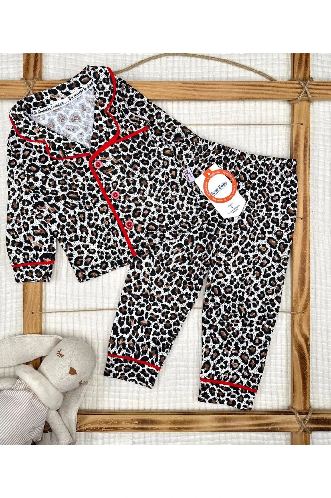 Leopar Desenli Alt Üst Kız Bebek Pijama Takımı - KAHVERENGİ