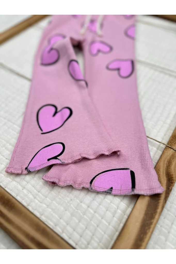 Love Kalp Baskılı Alt Üst Kız Çocuk İkili Takım - GÜL KURUSU