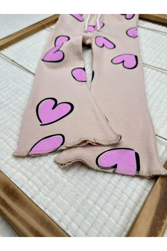Love Kalp Baskılı Alt Üst Kız Çocuk İkili Takım - BEJ