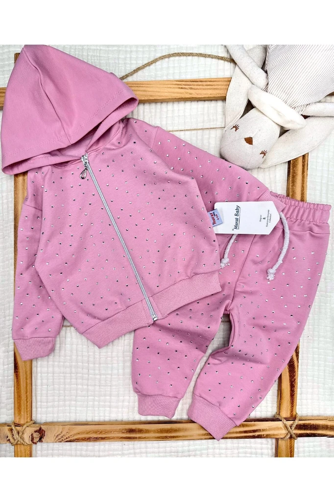 Taş Baskılı Kapüşonlu Kız Bebek  Alt Üst İkili Takım - PEMBE