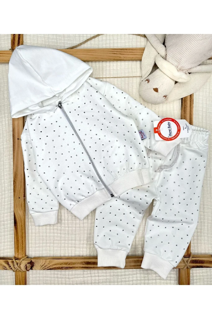 Taş Baskılı Kapüşonlu Kız Bebek  Alt Üst İkili Takım - BEYAZ