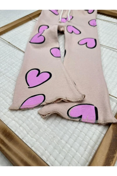 Love Kalp Baskılı Alt Üst Kız Çocuk İkili Takım - BEJ