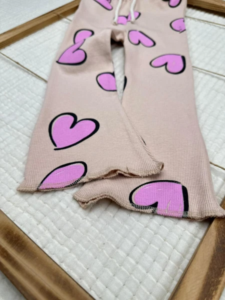 Love Kalp Baskılı Alt Üst Kız Çocuk İkili Takım - BEJ
