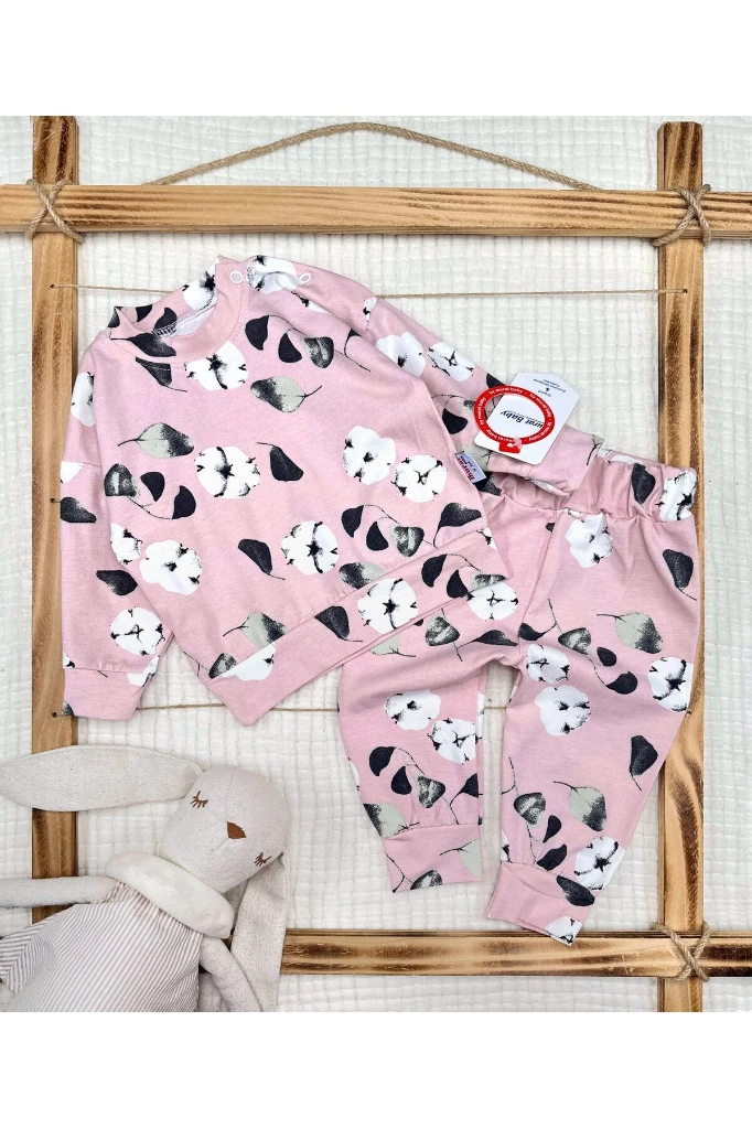 Pamuk Çiçeği Baskılı Kız Bebek İkili Takım - PEMBE