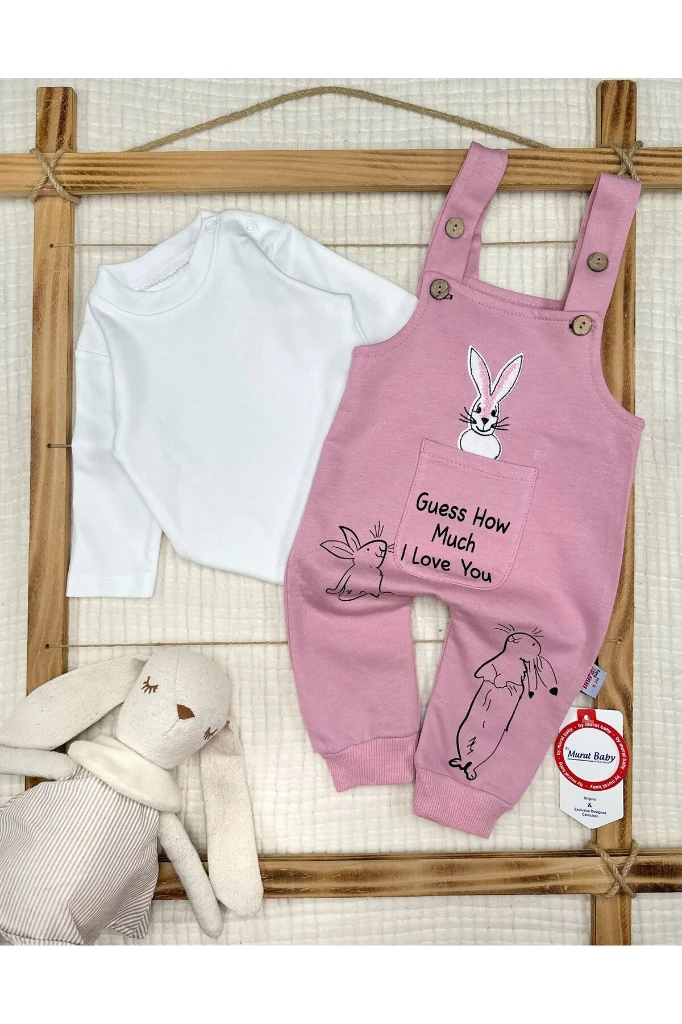 Tavşan Nakışlı Cepli Bebek Salopet - PEMBE