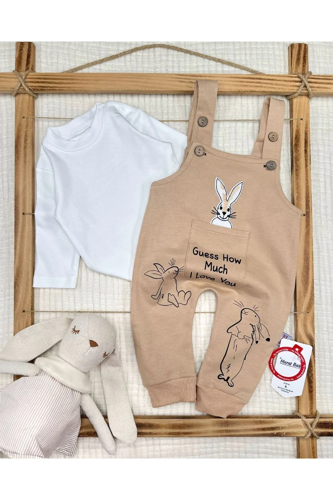 Tavşan Nakışlı Cepli Bebek Salopet - BEJ