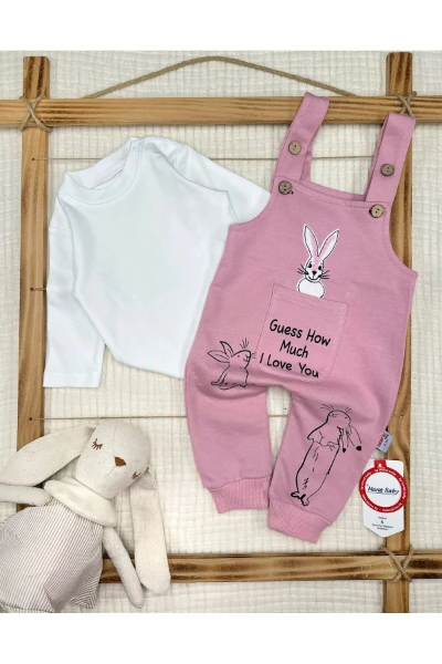 Tavşan Nakışlı Cepli Bebek Salopet - PEMBE