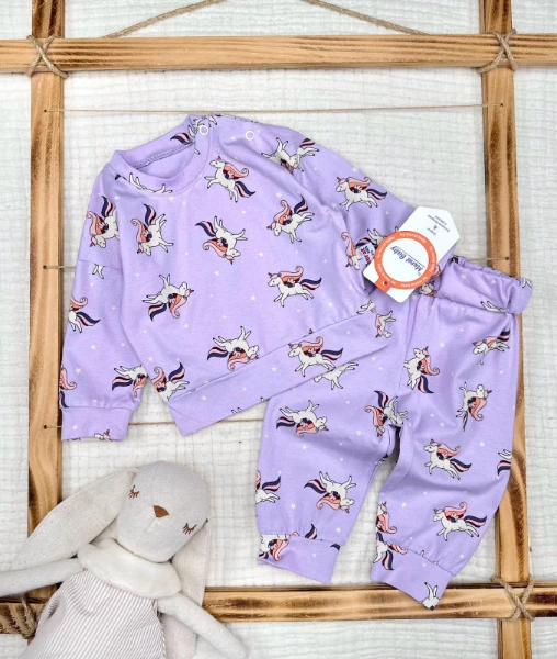 Unicorn Baskılı Alt Üst Kız Bebek Takım  - LİLA