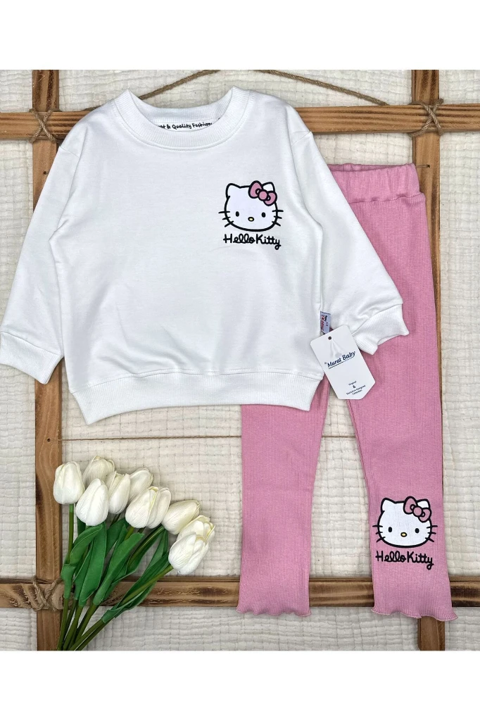 Sevimli Kedi Baskılı Taytlı Alt Üst Takım - PEMBE