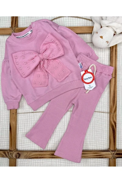Güpür Fiyonklu %100 Pamuk Taytlı Kız Alt Üst Takım - PEMBE