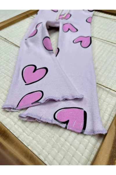 Love Kalp Baskılı Alt Üst Kız Çocuk İkili Takım - LİLA