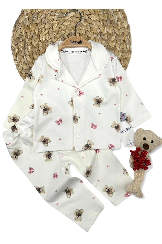 Fiyonklu Ayı Baskılı %100 Pamuk Kız Pijama Takımı - BEYAZ