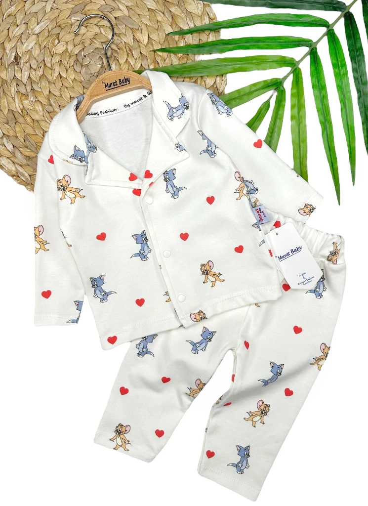 Kedi Fare Baskılı %100 Pijama Takımı - BEYAZ
