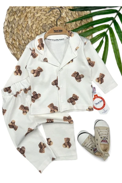 Ayı Baskılı %100 Pamuk Pijama Takımı - KAHVERENGİ