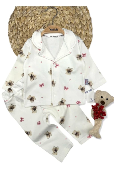 Fiyonklu Ayı Baskılı %100 Pamuk Kız Pijama Takımı - BEYAZ