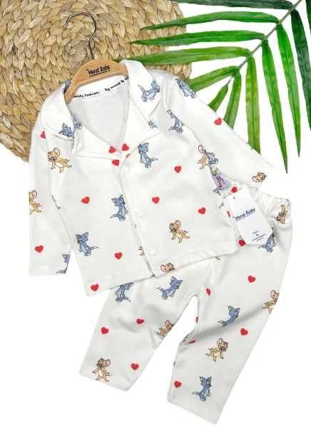 Kedi Fare Baskılı %100 Pijama Takımı - BEYAZ