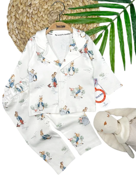 Tavşan Baskılı Erkek Pijama Takımı - BEYAZ