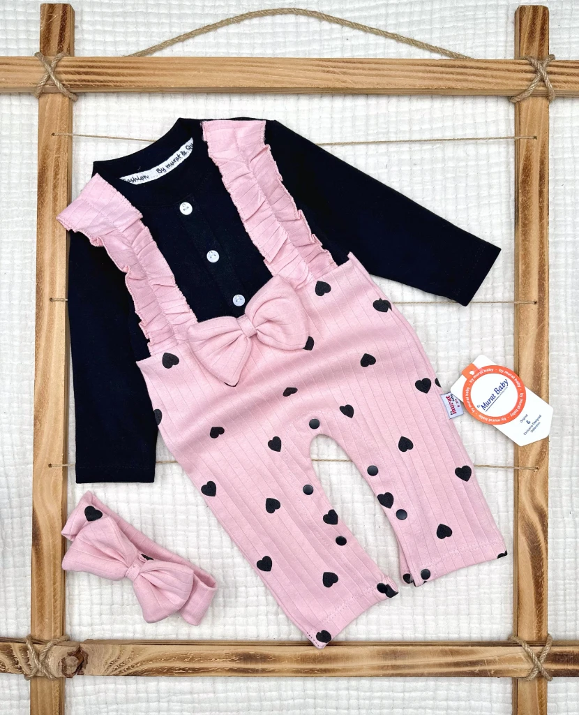 Kalp Fiyonk Fırfır Detaylı Kız Bebek Tulum - PEMBE