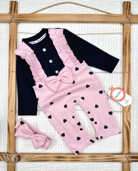 Kalp Fiyonk Fırfır Detaylı Kız Bebek Tulum - PEMBE