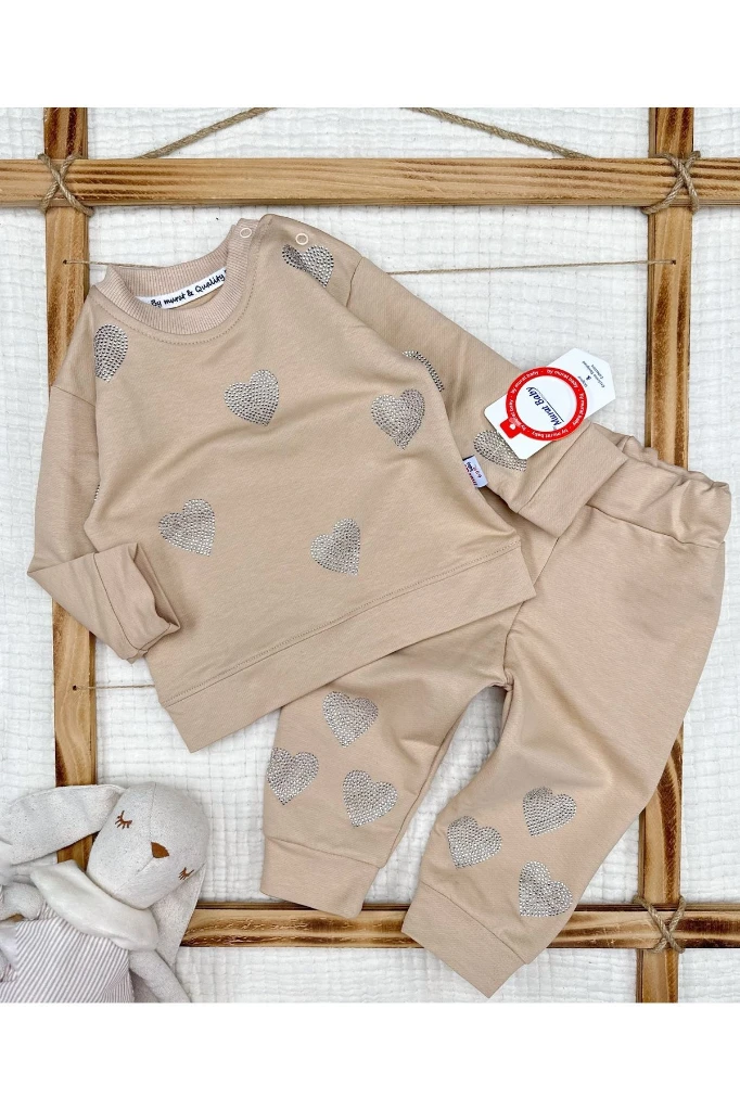 Kalp Taş Baskılı Kız Alt Üst İkili Takım - BEJ