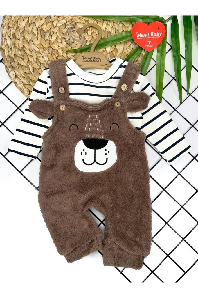 Ayı Nakışlı Welsoft Peluş tulum - ÇİKOLATA