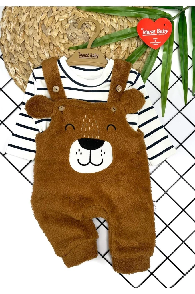 Ayı Nakışlı Welsoft Peluş tulum - KARAMEL