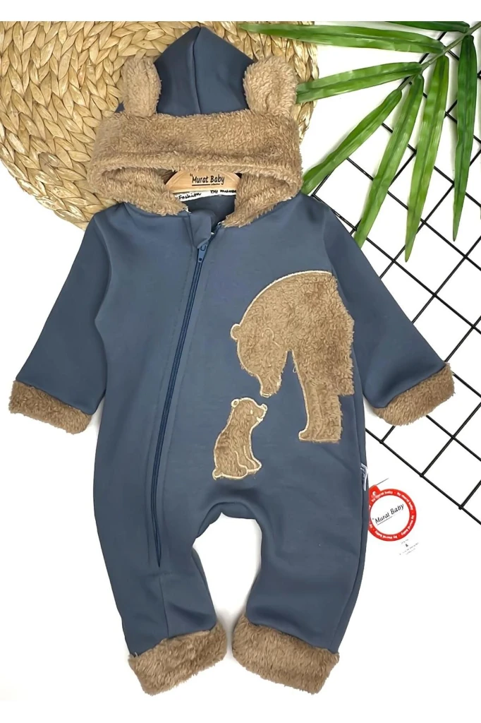 AYI YAVRULU ŞARDONLU %100 PAMUK BEBEK TAKIM - İNDİGO