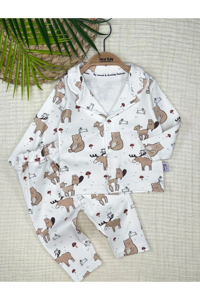 Pamuklu Ayı Geyik Baskılı Bebek Pijama Takımı - KREM