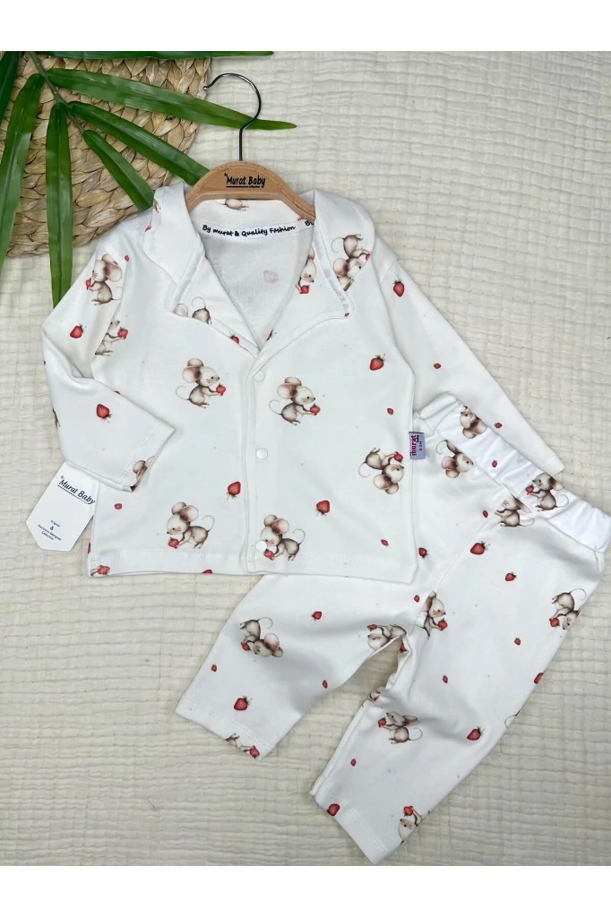 Pamuklu Fare Çilek Baskılı Bebek Pijama Takım - KREM