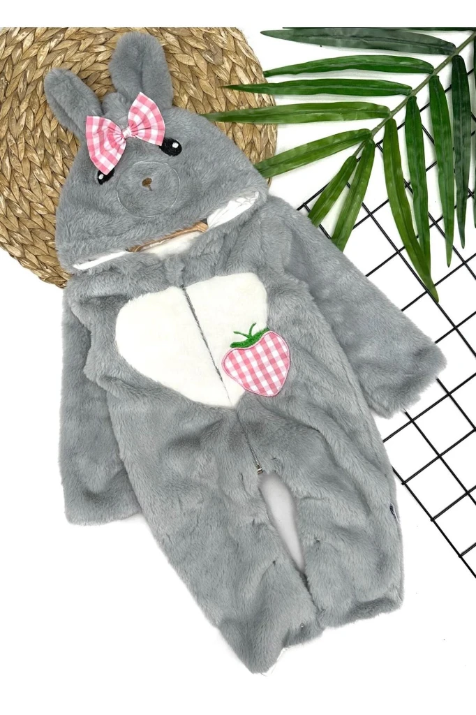 PELUŞ KALPLİ ÇİLEKLİ BEBEK TULUM - GRİ