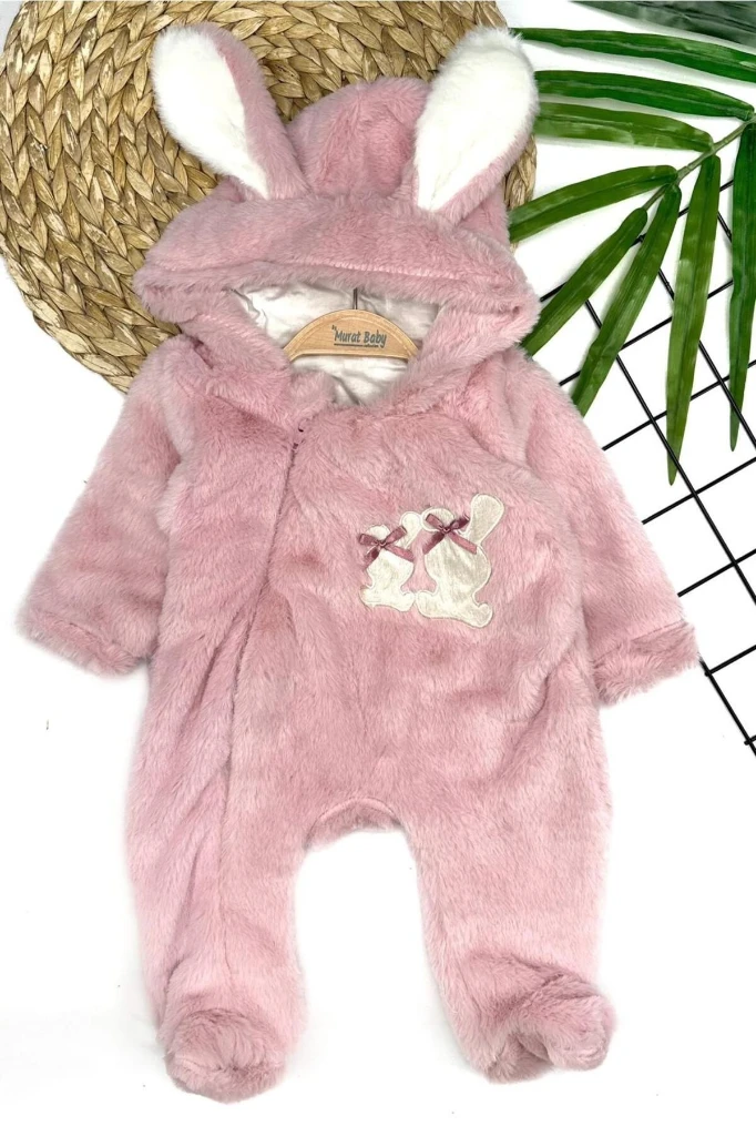 Tavşan Baskılı İçi astarlı Peluş Bebek Tulum - GÜL KURUSU
