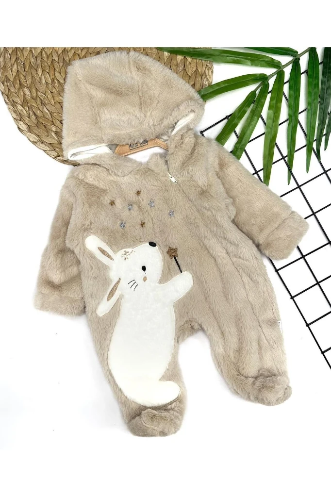 Tavşan Nakışlı Pelüş Bebek Tulum - BEJ