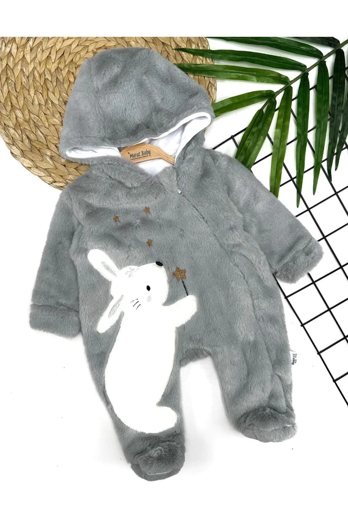 Tavşan Nakışlı Pelüş Bebek Tulum - GRİ