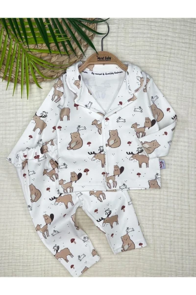 Pamuklu Ayı Geyik Baskılı Bebek Pijama Takımı - KREM