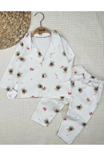 Pamuklu Ayıcık Kurdele Baskılı Bebek Pijama Takımı - KREM