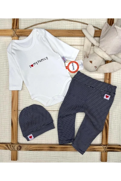 Pamuklu Body Pantolonlu Şapkalı Bebek  Üçlü Takım - LACİVERT