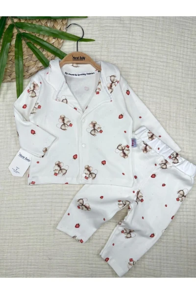 Pamuklu Fare Çilek Baskılı Bebek Pijama Takım - KREM