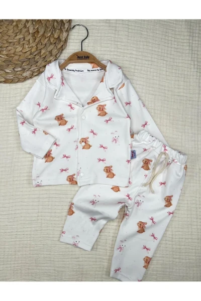 Pamuklu Tavşan Kurdele Baskılı Pijama Takımı - KREM