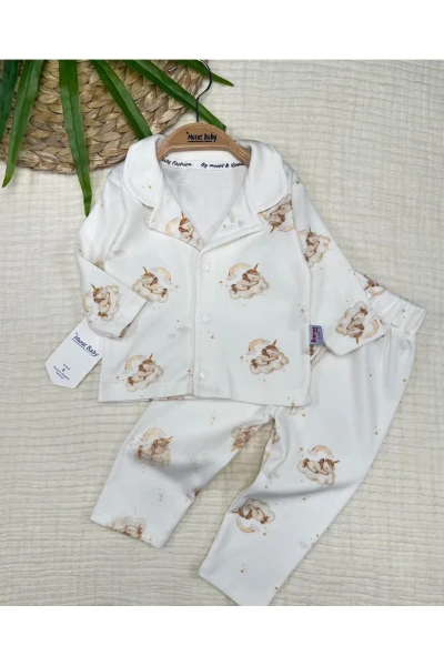 Pamuklu Unicorn Baskılı Bebek Pijama Takımı - KREM
