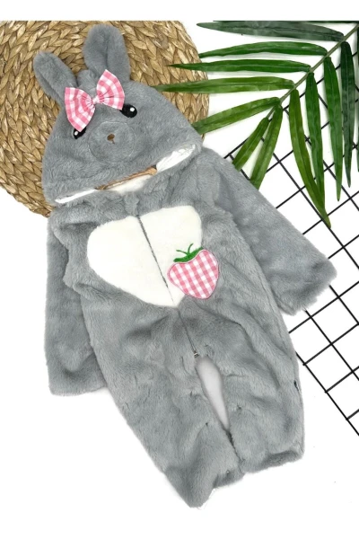 PELUŞ KALPLİ ÇİLEKLİ BEBEK TULUM - GRİ