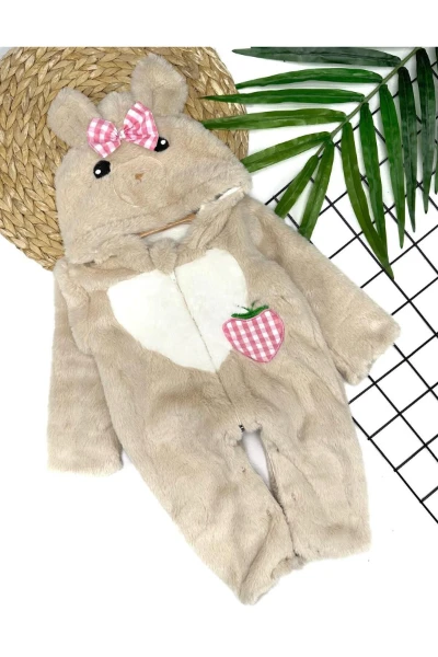 PELUŞ KALPLİ ÇİLEKLİ BEBEK TULUM - BEJ