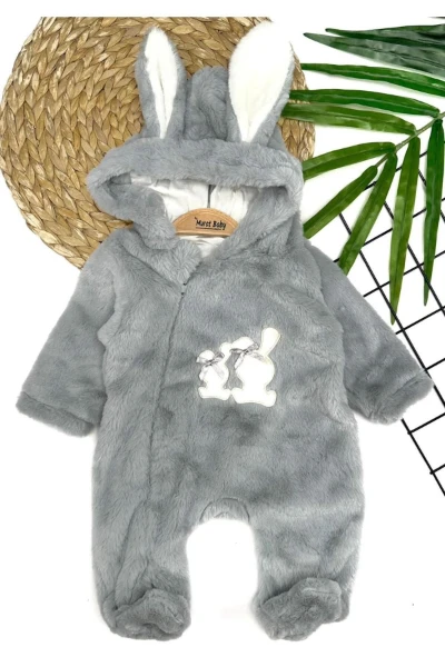Tavşan Baskılı İçi astarlı Peluş Bebek Tulum - GRİ