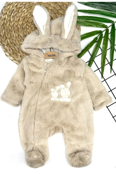 Tavşan Baskılı İçi astarlı Peluş Bebek Tulum - BEJ
