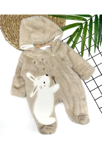 Tavşan Nakışlı Pelüş Bebek Tulum - BEJ