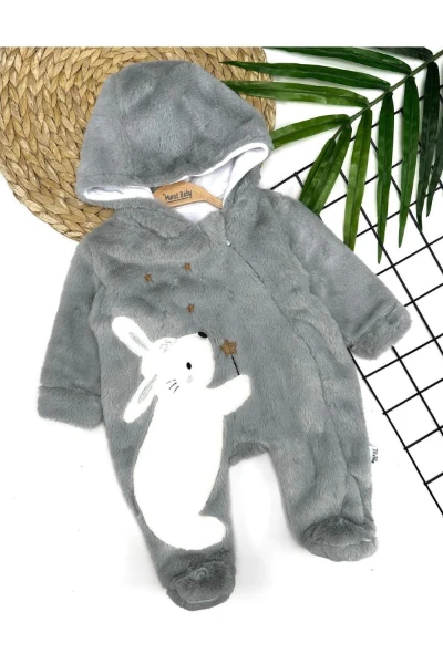Tavşan Nakışlı Pelüş Bebek Tulum - GRİ