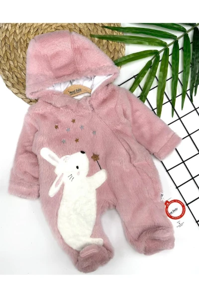 Tavşan Nakışlı Pelüş Bebek Tulum - GÜL KURUSU