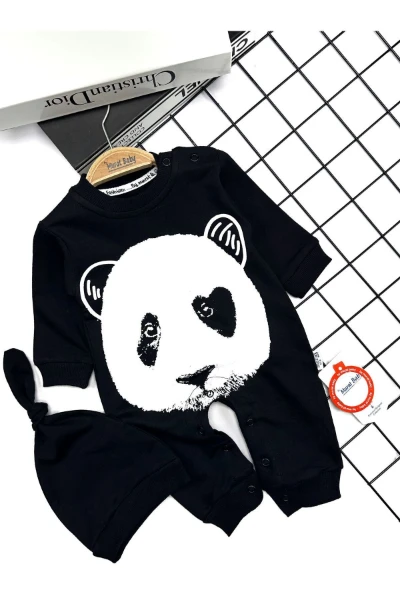 Panda Kafa Baskılı Şapkalı Erkek Bebek Tulum - SİYAH